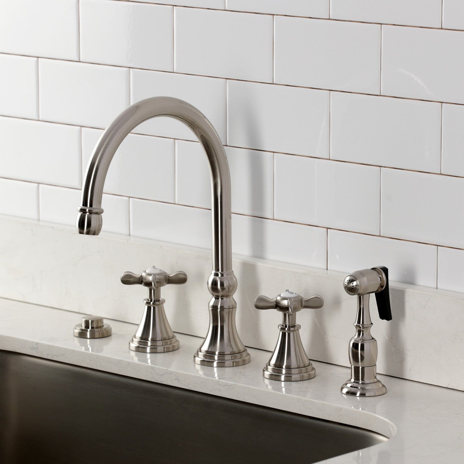 Essex Double Handle 4 Hole Widespread Kitchen Faucet with Brass Sprayer - High Arc Pull Down Sprayer for Modern Farmhouse & Commercial Kitchens