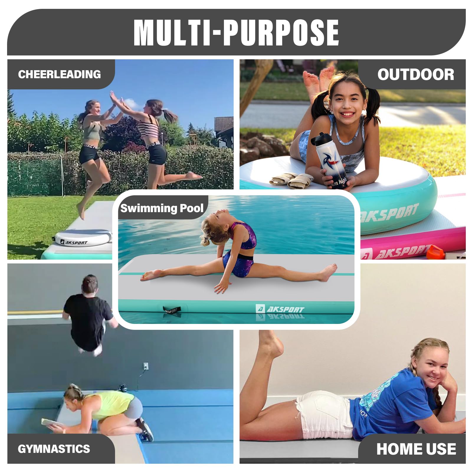 AKSPORT Inflatable Gymnastics Mat Tumble Track - 10ft 13ft 16ft 20ft 23ft Air Tumbling Mat with Pump for Home Gym, Cheerleading, Yoga & Kids Play - Portable Training Equipment for Indoor/Outdoor Use