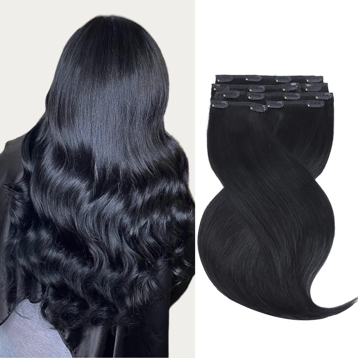 Marat Clip-In Human Hair Extensions 22 Inch Jet Black Straight 120g - Perfect for Parties, Weddings & Daily Styling
