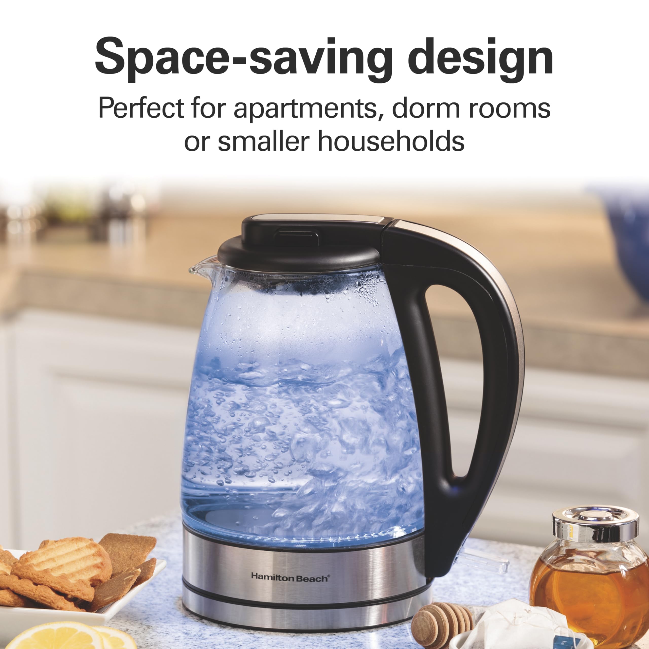 Hamilton Beach 1L Glass Electric Tea Kettle - Cordless Water Boiler with LED Indicator, Auto Shut-Off & Boil-Dry Protection (40930C) - Perfect for Home, Office & Dorm Use - Fast Boiling for Tea, Coffee & Instant Meals