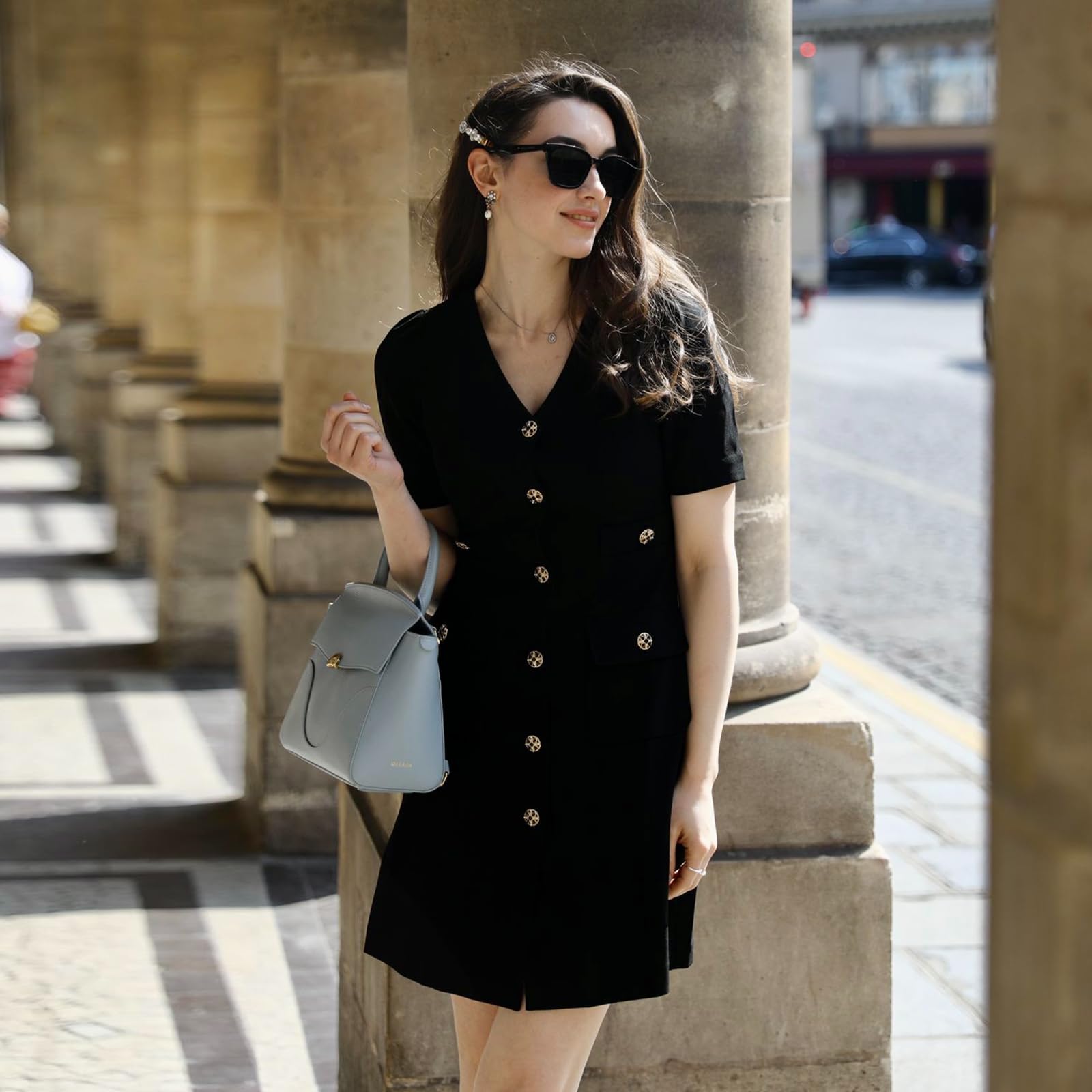 Women's Triacetate Black Mini Dress - Business Casual A-Line V-Neck Button Front Dress for Work, Office & Teaching | Perfect for Professional Meetings, Office Parties & Smart Casual Occasions