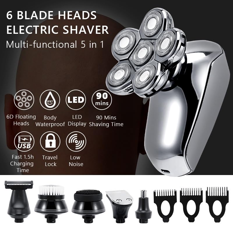 6-in-1 Rechargeable Electric Head Shaver for Bald Men - 6D Floating Heads, Low Noise, Multifunctional Men's Shaver - Perfect for Travel, Home & Gym Use