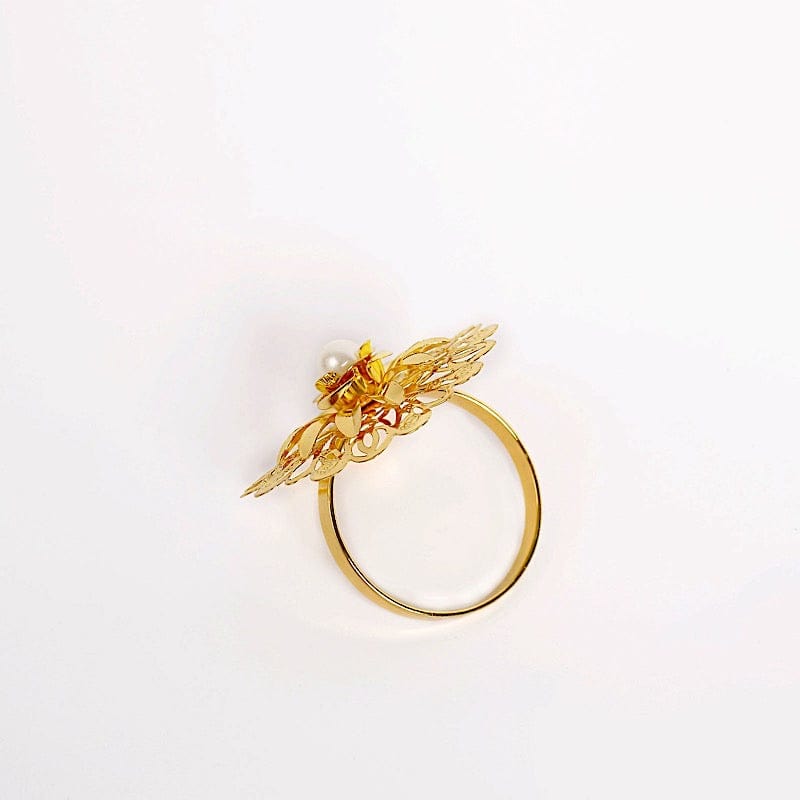 4 Elegant Gold Metal Daffodil Flower Napkin Rings with Pearl Accents - Perfect for Wedding, Party, and Holiday Table Decor