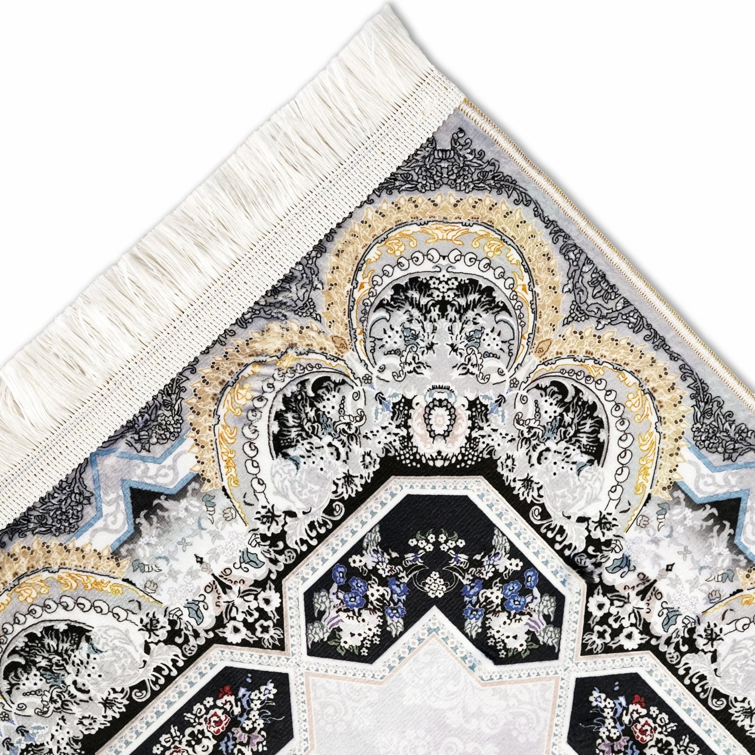 Premium Muslim Prayer Mat with White & Gold Intricate Islamic Designs - Non-Slip Travel Prayer Rug for Home, Mosque & Outdoor Use