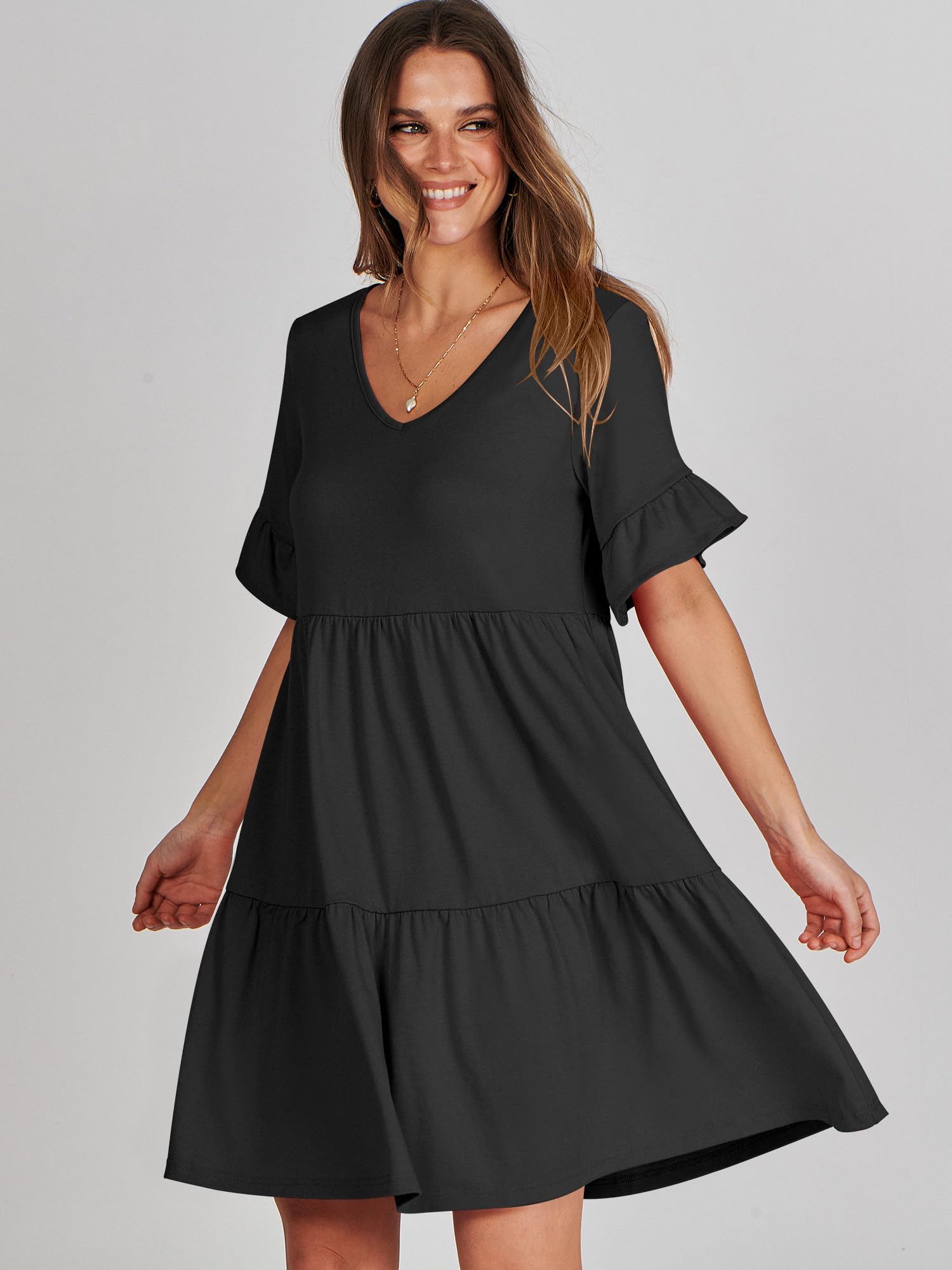 ANRABESS Women's Summer V-Neck Ruffle Sleeve A-Line Tiered Flowy Mini Dress with Pockets - Trendy Casual Beach Dress for Vacations, Parties & Date Nights