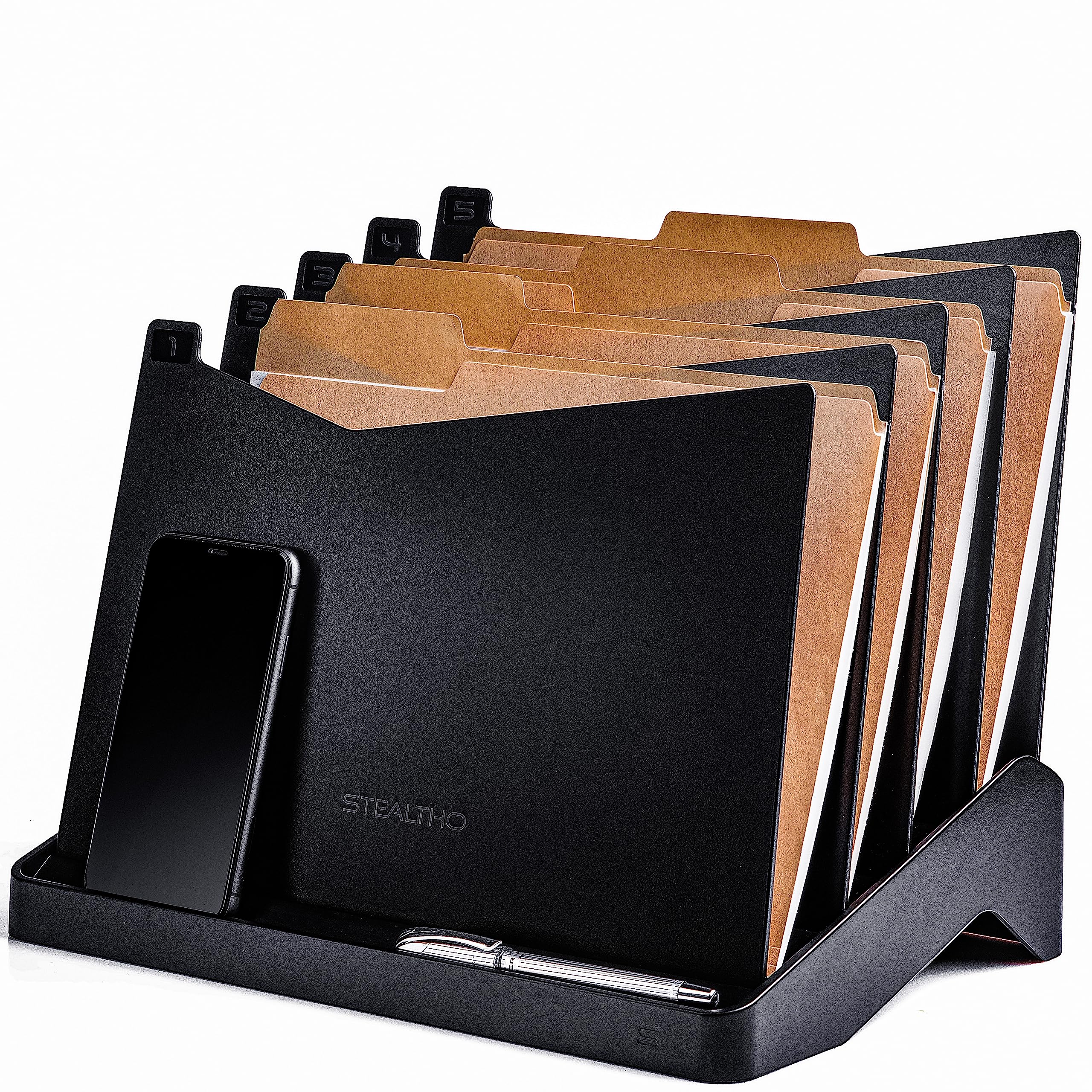 Stealtho 5-Section Black File Organizer - Desk Organizer & Document Storage for Office, Home - Perfect for Folders, Papers, Office Supplies - Ideal for Workspace Organization & Paper Sorting