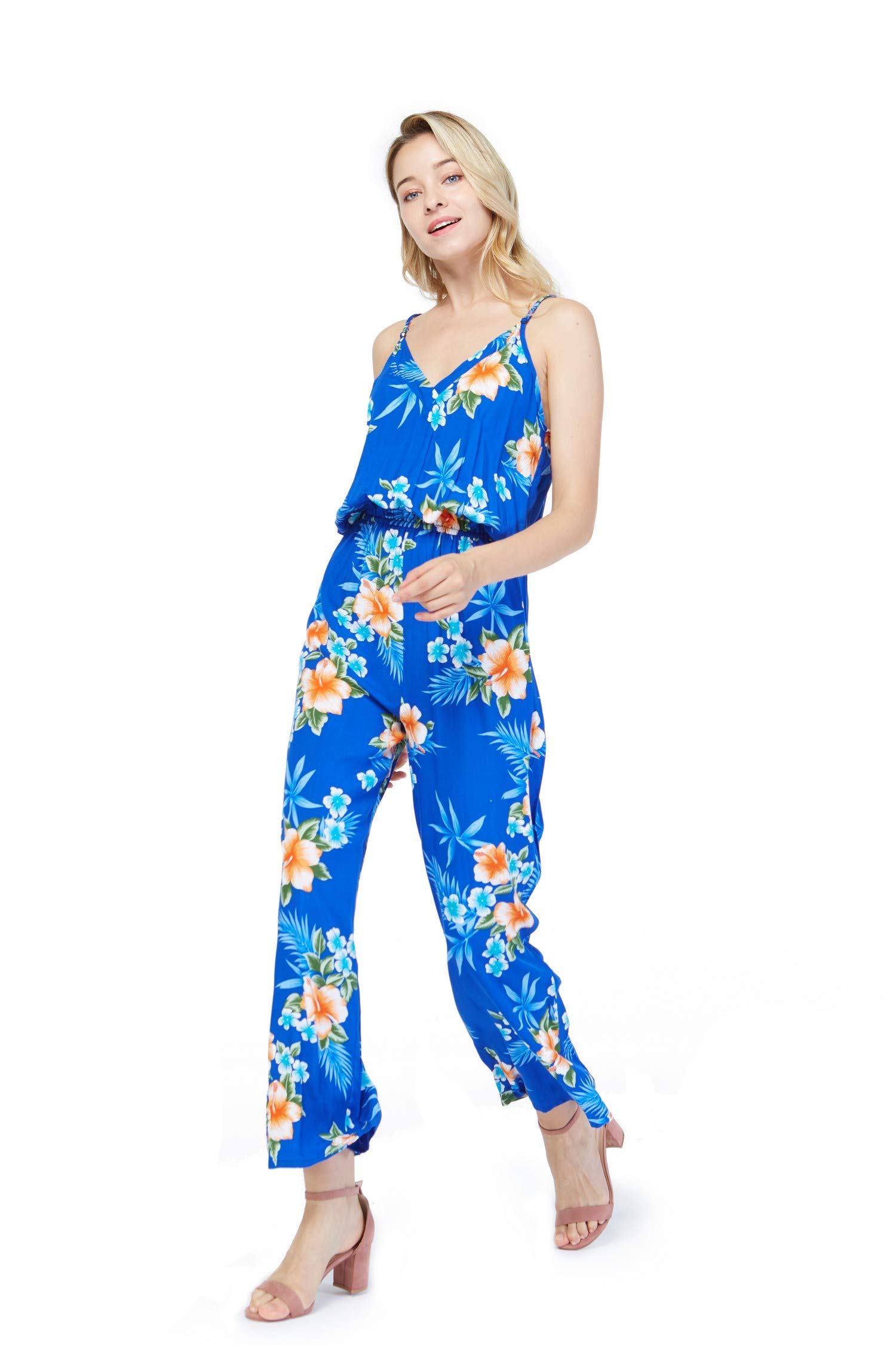 Hawaiian Couple Matching Luau Shirts & Jumpsuits - Floral Hibiscus Blue Outfits for Beach Parties, Summer Vacations, and Tropical Themed Events