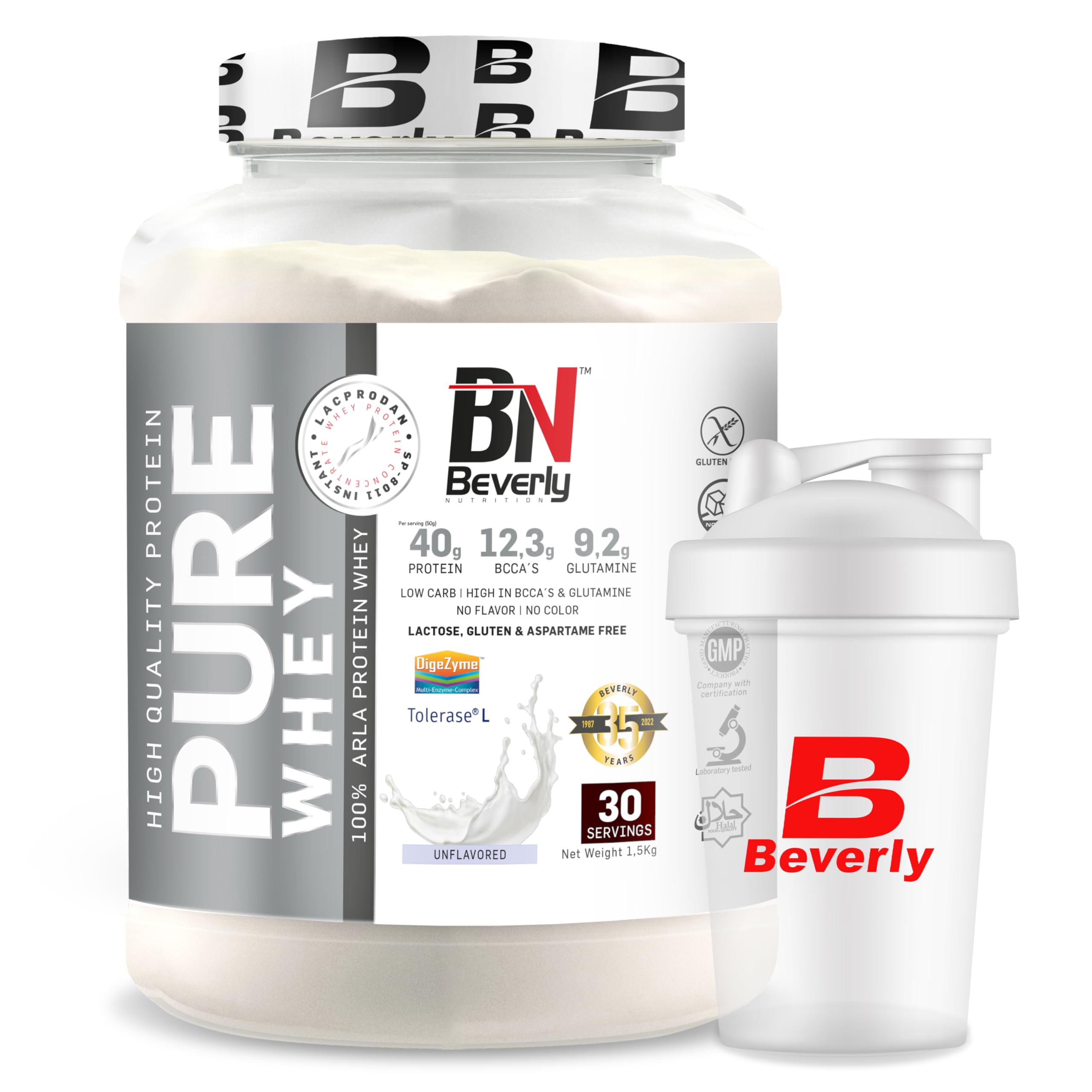 Beverly Pure Whey 80% Protein Powder - 1.5kg Unflavored Whey Protein Supplement with Free Shaker Bottle | High Protein Diet for Muscle Building & Recovery | Ideal for Gym Workouts, Weight Loss & Healthy Lifestyle