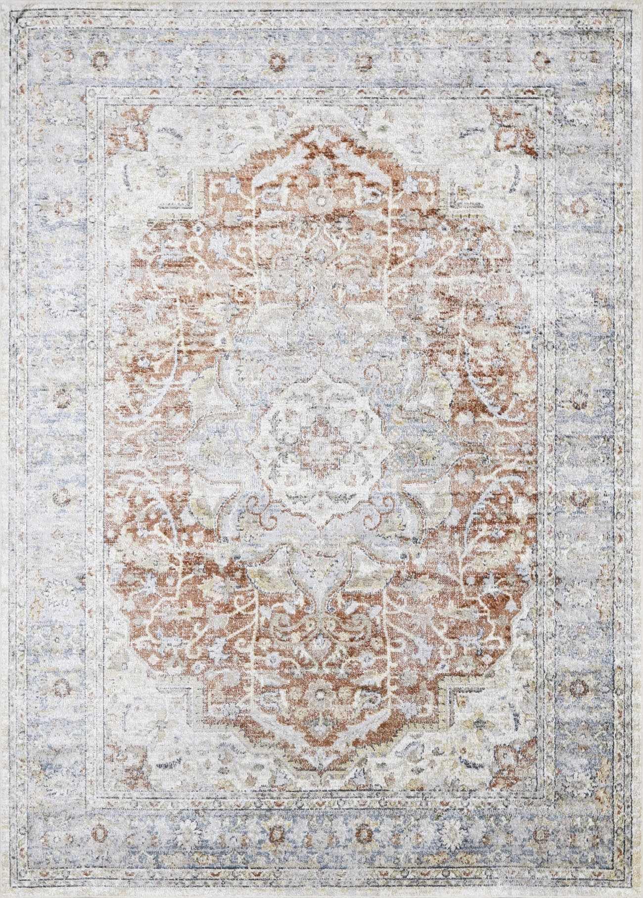 Hauteloom Emke Boho Oriental Medallion Area Rug - Traditional Floral Machine Washable Carpet for Living Room, Bedroom, Dining Room - Beige & Gray Round Rug 6'7
