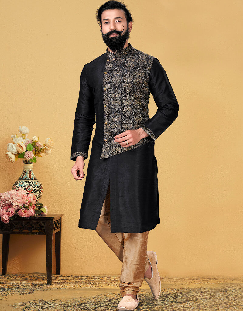Elegant Black Kurta Dhupion Embroidered Silk Churidar Suit for Women - Perfect for Festivals, Weddings & Special Occasions