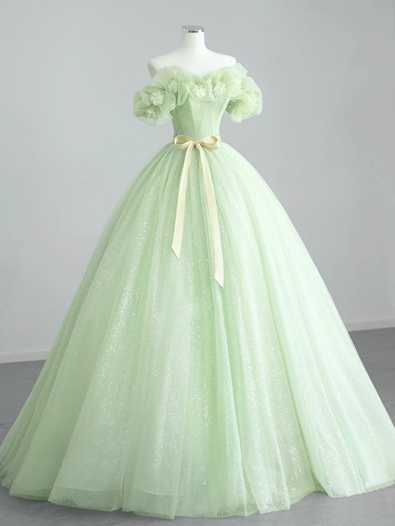Elegant Off Shoulder A-Line Tulle Prom Dress in Green - Perfect for Sweet 16, Homecoming & Formal Events