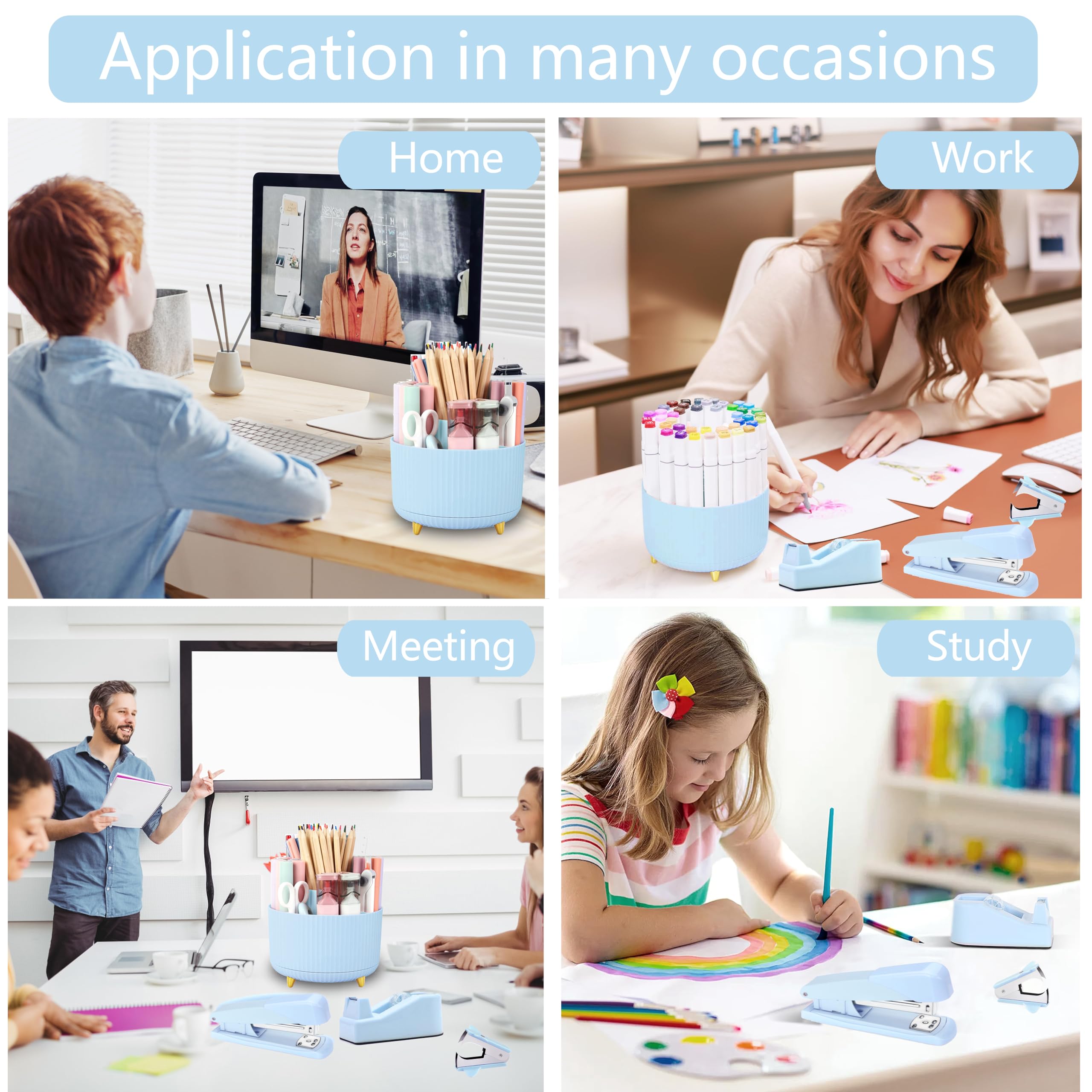 Blue Desk Organizer Set with 360°Pen Holder, Tape Dispenser, Stapler, Scissors & Office Supplies - Perfect for Home Office, School & Workspace Organization