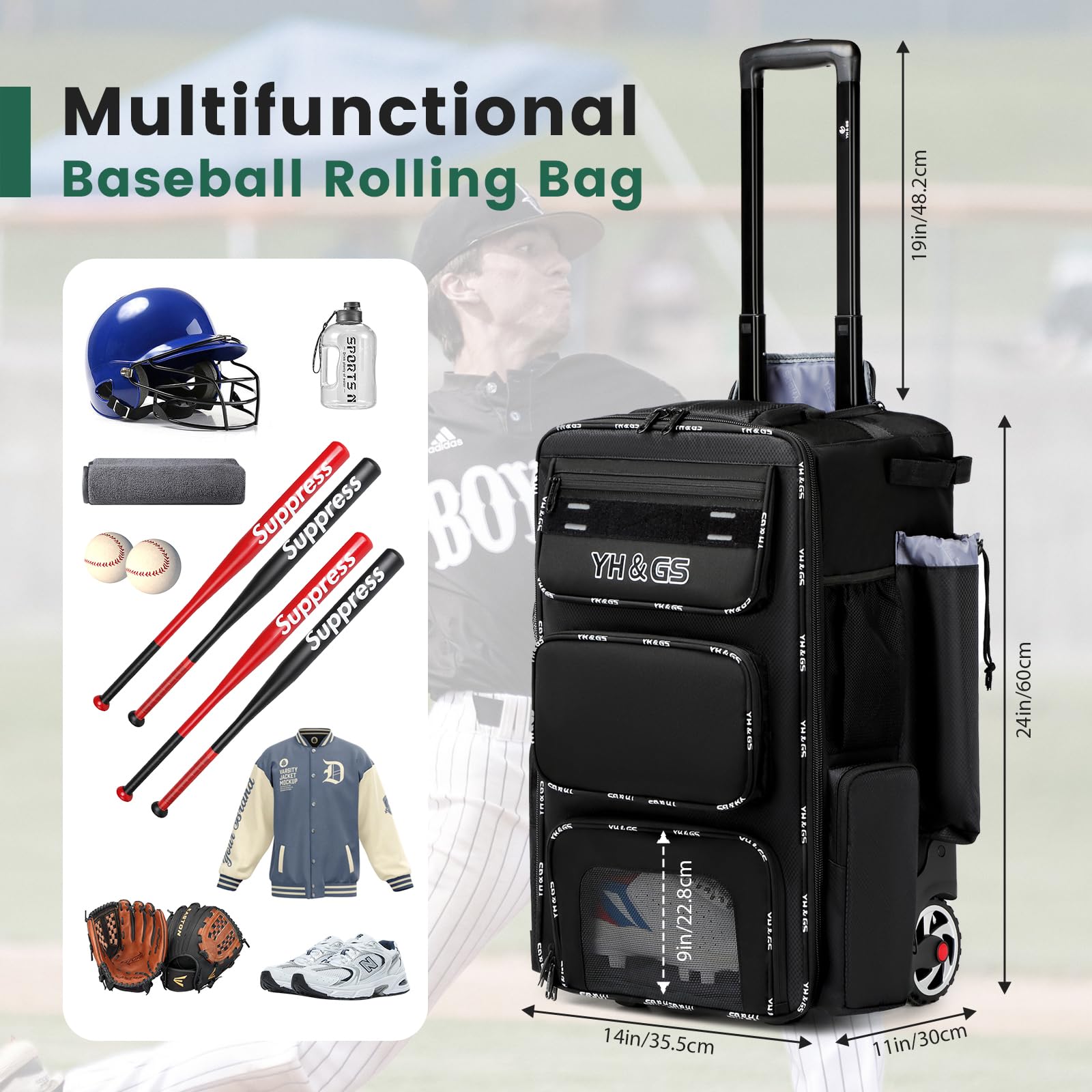 **Rolling Baseball Bag with Wheels - Lightweight Wheeled Softball Equipment Bag for T-Ball & Baseball, Includes Fence Hook & Shoe Compartment - Perfect for Travel, Practice & Games**