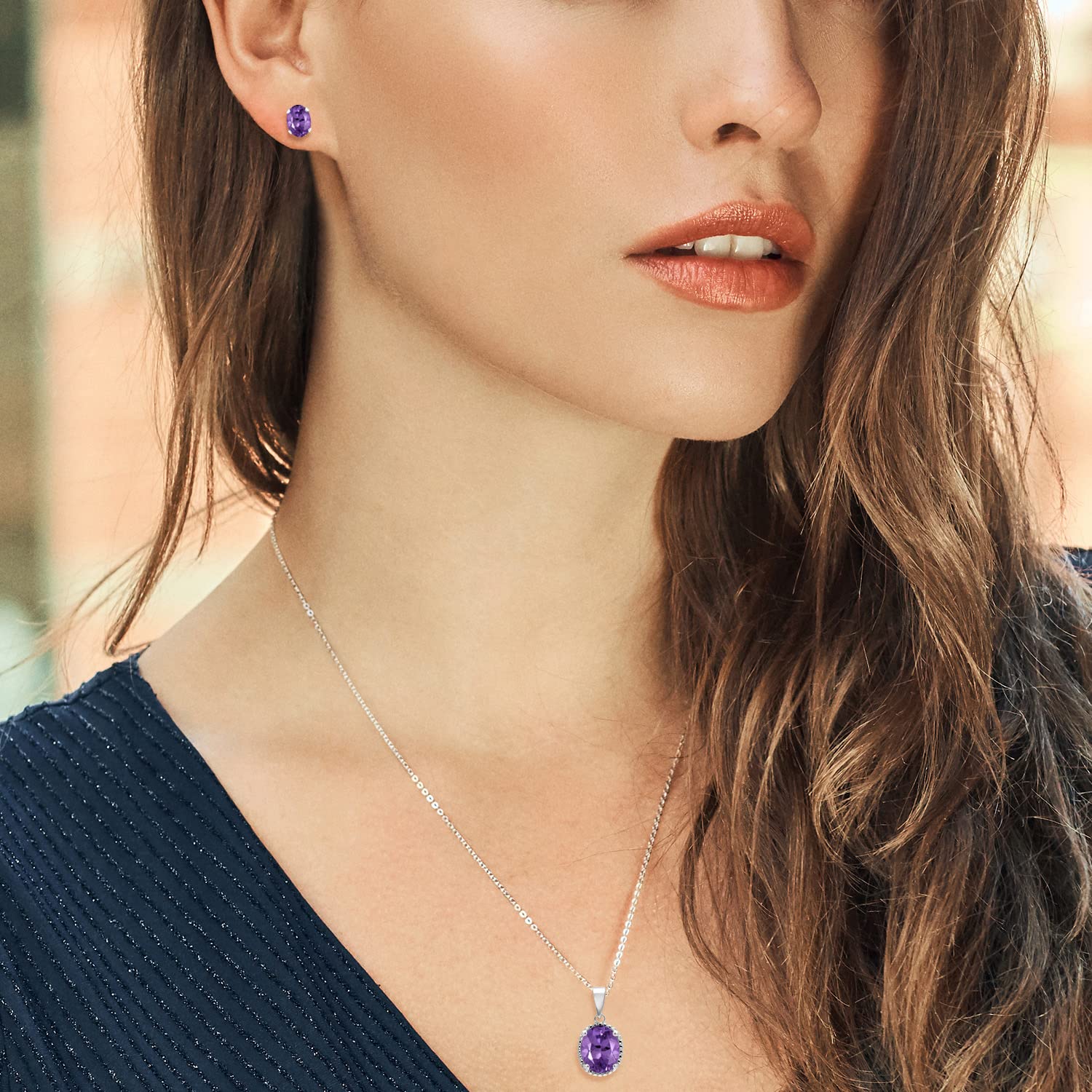 5.50 Ct Oval Purple Amethyst Sterling Silver Pendant & Earrings Set | Gem Stone King | 925 Silver Jewelry for Women | Gift for Birthday, Anniversary & Special Occasions