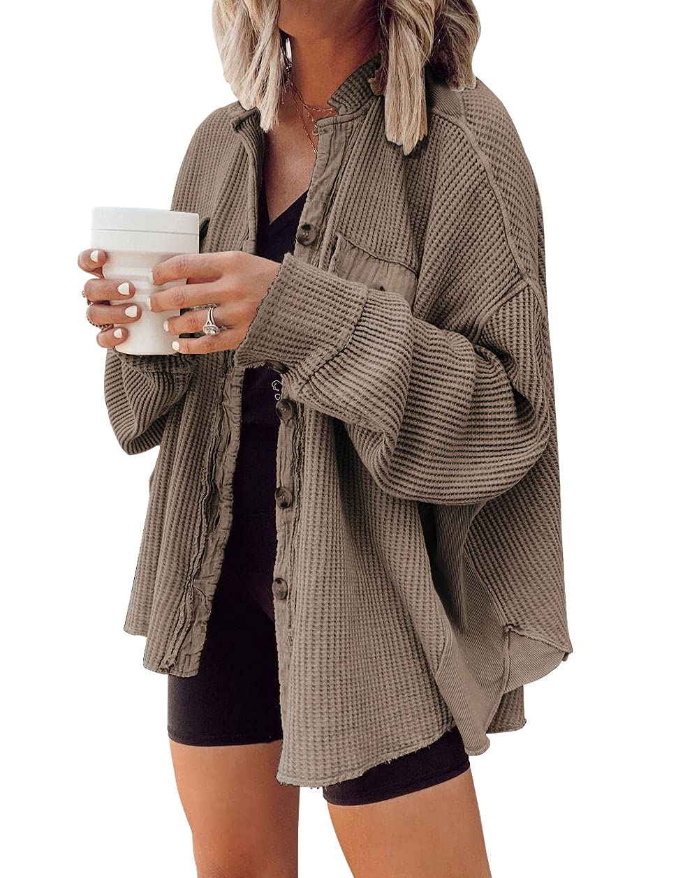 Women's Loose Fit Batwing Sleeve Waffle Knit Button Down Shirt Shacket - Casual Long Sleeve Tops for Fall & Winter, Perfect for Layering, Office Wear and Weekend Outfits