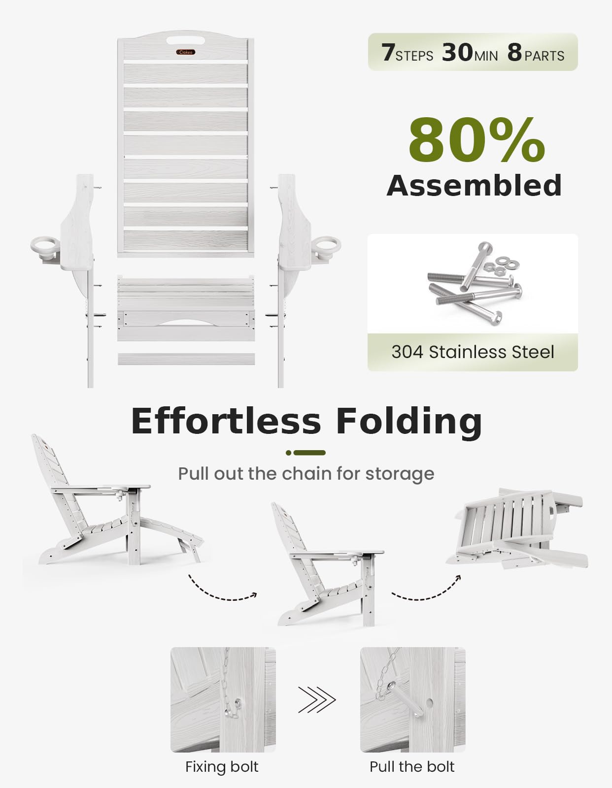 Ciokea Folding Adirondack Chair with Retractable Ottoman & Fire Pit - Weather-Resistant Patio Lounge Chair with Pull-Out Footrest & 2 Cup Holders - Perfect for Backyard, Poolside & Camping (White)