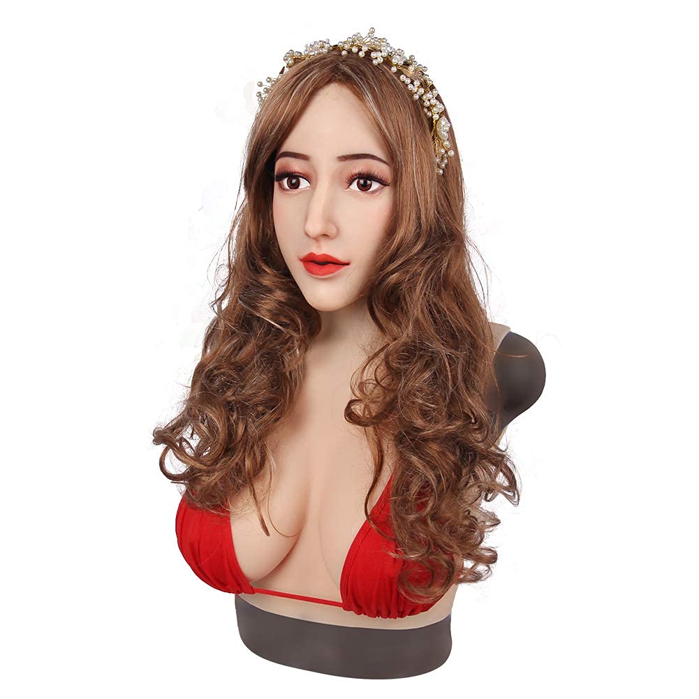 Premium Silicone Female Mask with D Cup Breast for Cosplay & Crossdressing - Realistic Full Head Silicone Headwear in Ivory White with Silk Cotton Lining | Perfect for Halloween, Costume Parties, and Theatrical Performances