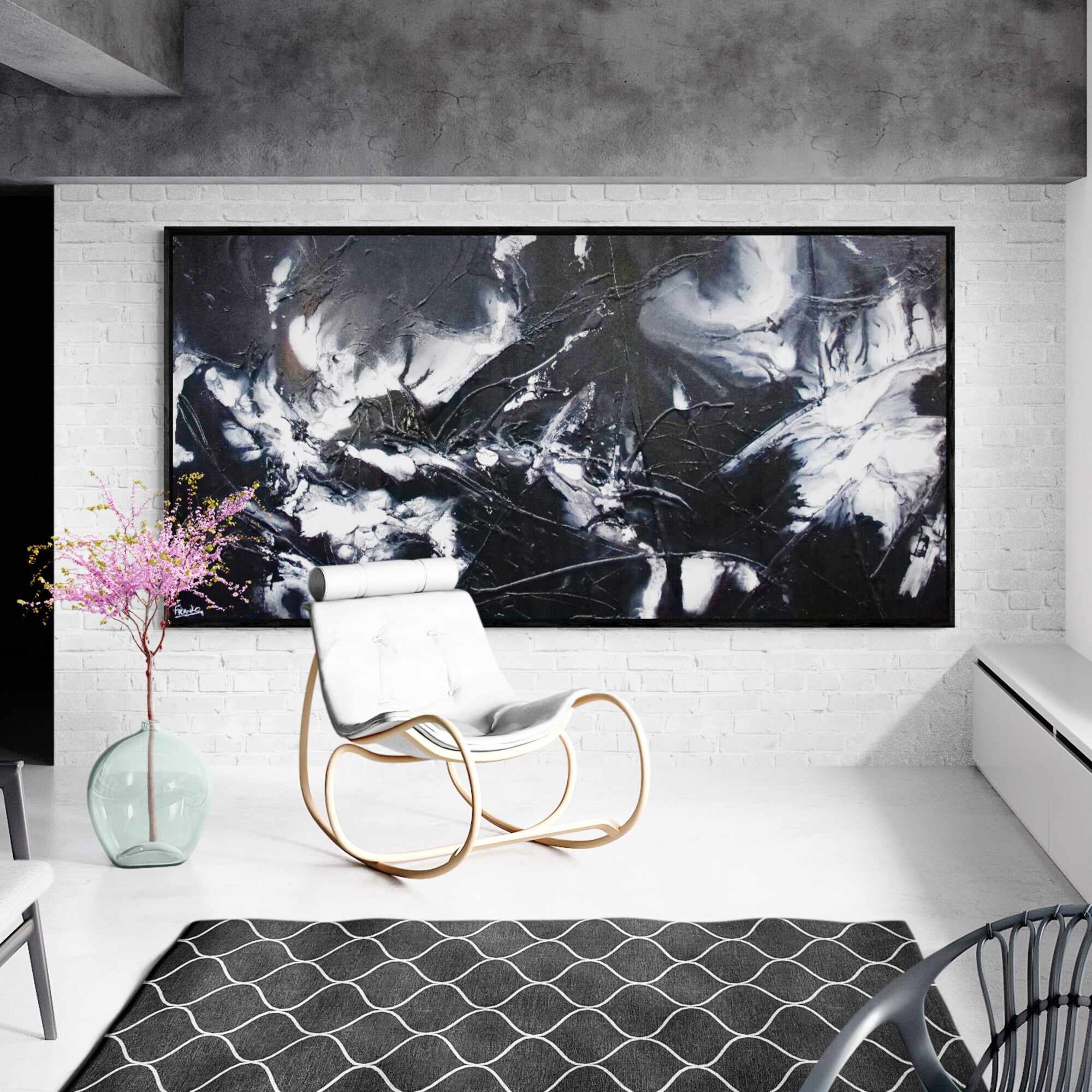 Raw Black Ice 240cm x 120cm Black White Textured Abstract Canvas Art - Modern Wall Decor for Living Room, Office & Bedroom
