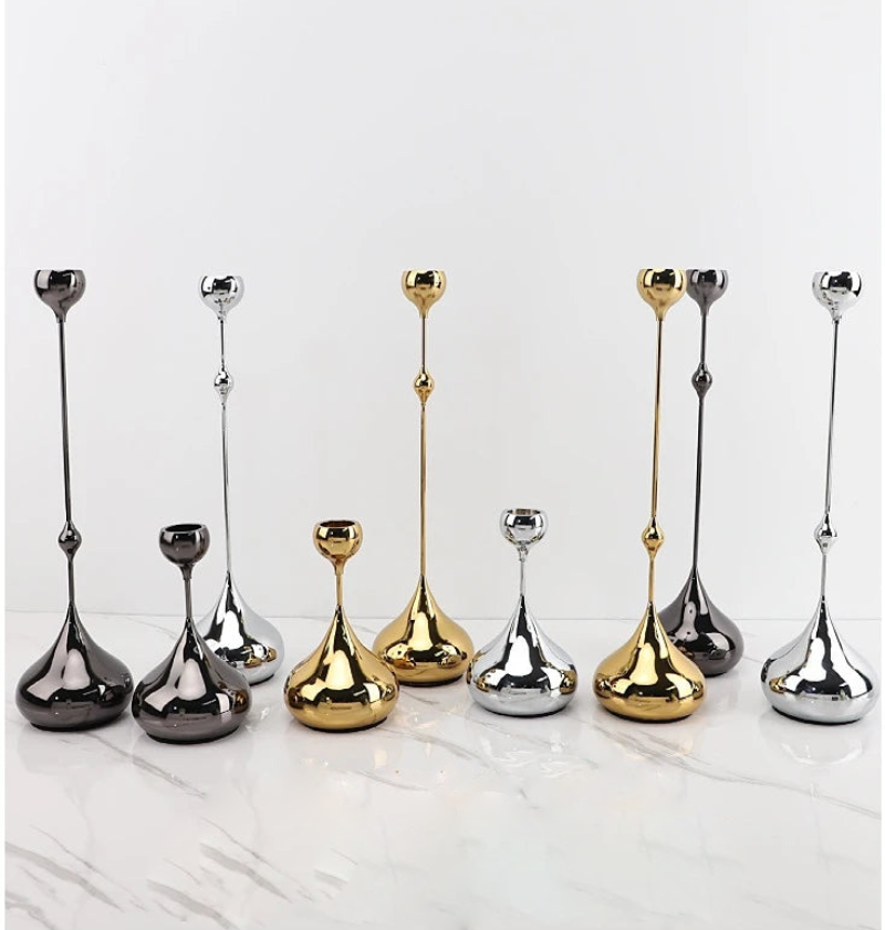 Elegant Chrome Drop Dining Candle Holder Set - Modern Table Centerpiece for Romantic Dinners, Wedding Decor & Home Ambiance Lighting