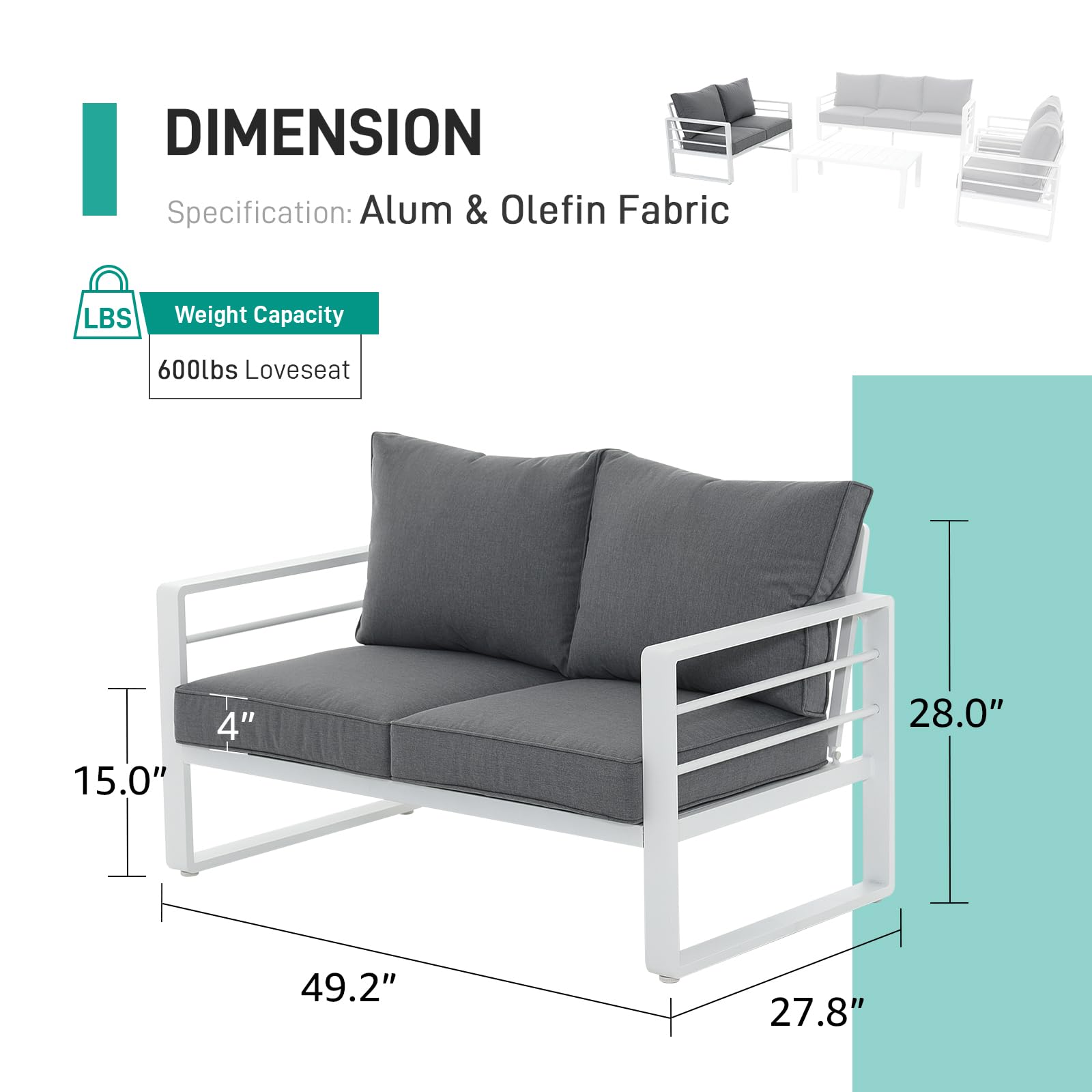 Patiorama Aluminum Patio Furniture Set - All-Weather Outdoor Loveseat with Olefin Cushions, 2-Seater Sofa Couch, 600 lbs Capacity, Deep Seating (Grey Cushion) - Perfect for Deck, Garden, Poolside & Backyard Relaxation