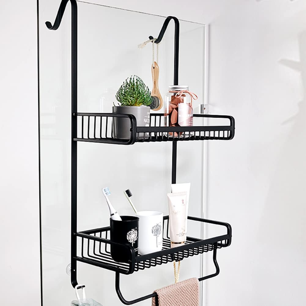 Over The Door Hanging Organizer - Heavy Duty Spice Rack Shelf with Hooks & Towel Bar for Bathroom, Kitchen, Pantry - Space Saving Storage Solution (Black, 2 Baskets, 30cm) - Perfect for Small Spaces, Apartments & Dorm Rooms