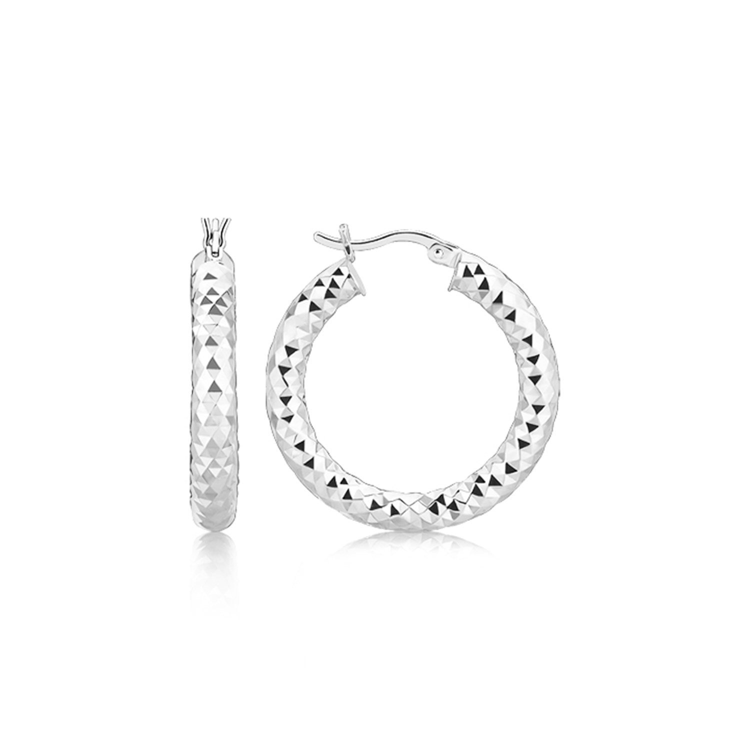 Sterling Silver Thick Rhodium Plated Faceted Hoop Earrings for Women | Diamond2Deal | Elegant Everyday & Party Jewelry Gift