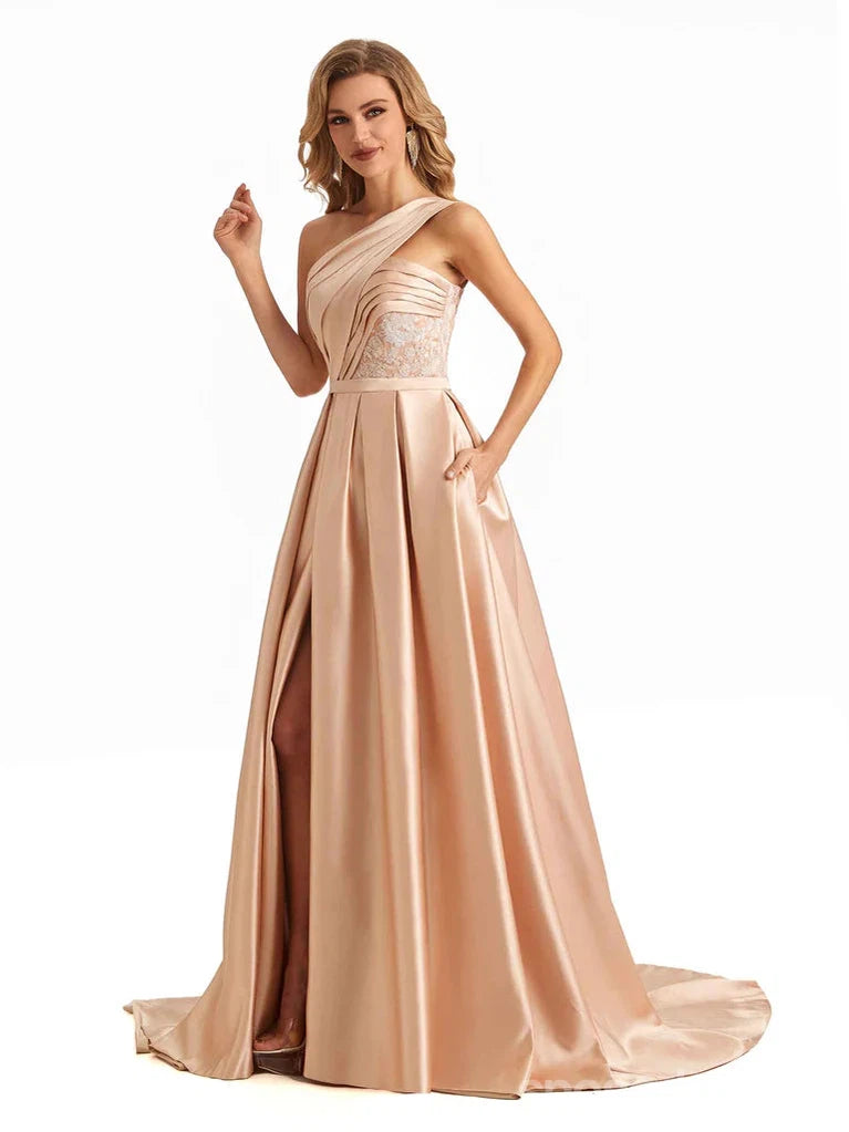 Elegant Champagne A-Line One Shoulder High Slit Long Prom Dress for Women - Perfect for Evening Parties, Homecoming, Wedding Guest & Formal Events