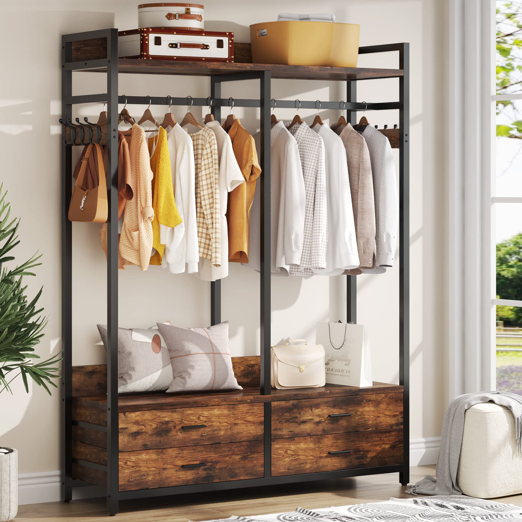Tribesigns Heavy Duty Freestanding Closet Organizer - Garment Rack with 4 Drawers, 8 Hooks & Storage Shelves - Rustic Brown Wardrobe for Hanging Clothes - Perfect for Bedroom, Living Room & Walk-in Closet Organization