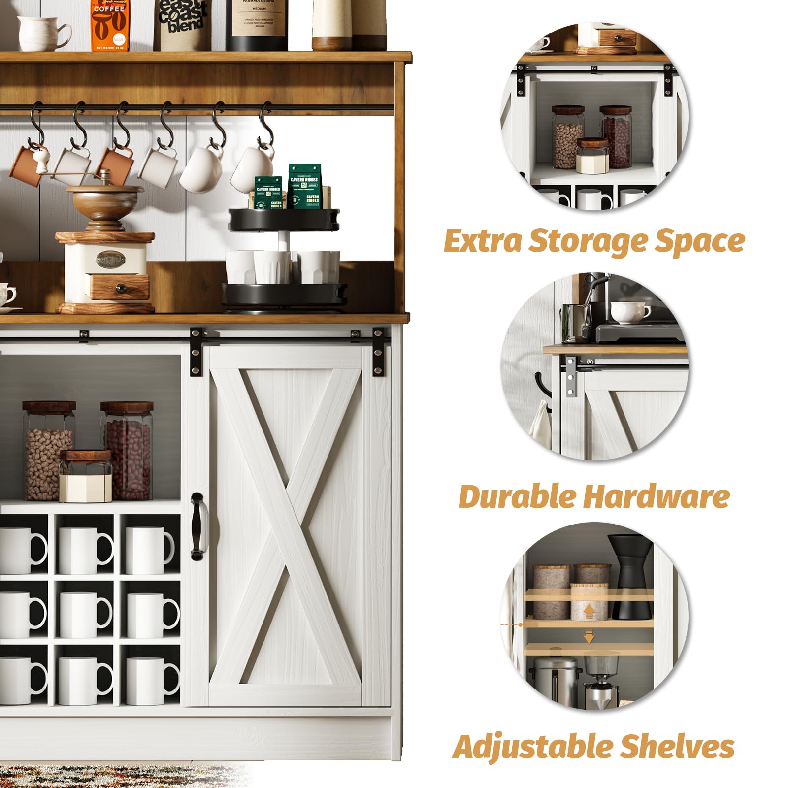 Farmhouse Coffee Bar Cabinet with 6 Hooks & 9 Wine Racks - 47