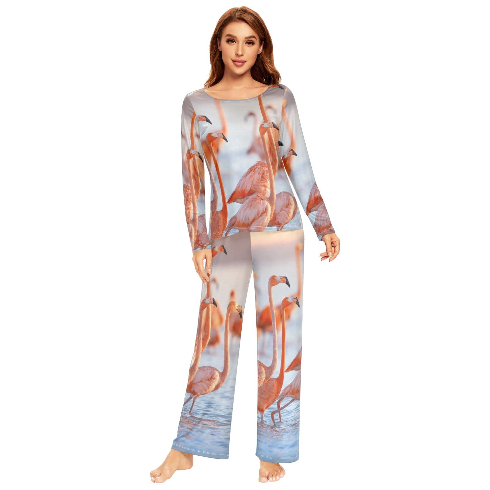KFBE Flamingo Print Women's Pajama Set - Long Sleeve Sleepwear Top & Pants Lounge Outfit H080158 | Soft Cotton Loungewear for Women, Cozy Nightwear for Sleepovers & Relaxing at Home
