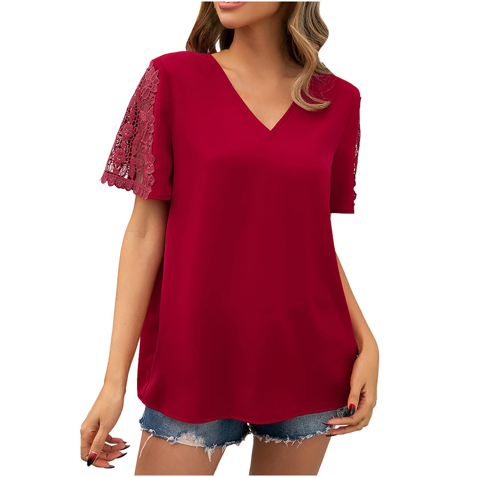 Elegant Women's Lace Short Sleeve V-Neck Tunic Blouse - Solid Color Casual T-Shirt Top for Women | Perfect for Office Wear, Date Night & Summer Outfits