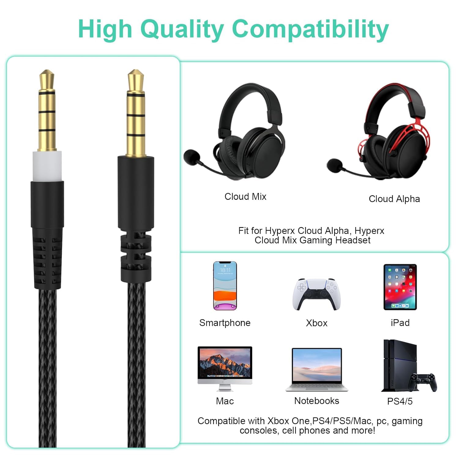 Kingston Cloud Alpha Replacement Audio Cable with Mute & Volume Control - Compatible with Cloud Alpha, Cloud Mix, Cloud Flight, Alpha S & Logitech G633/G933 Gaming Headsets - Durable Black Cord for PC, PS4, Xbox Gaming & Streaming