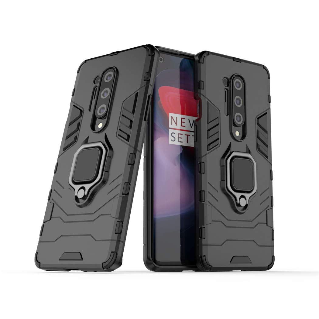OnePlus 8 Pro (5G) Case with Metal Ring Grip & Kickstand - Magnetic Car Mount Compatible, Dual Layer Rugged Protective Cover (Black) - Perfect for Daily Use, Travel & Hands-Free Driving
