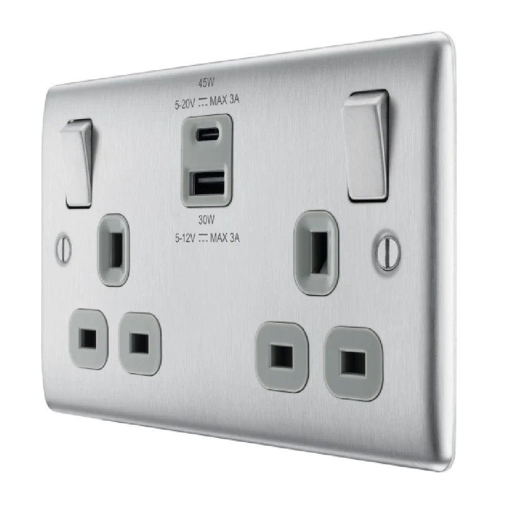 BG Nexus 13A Double USB Socket - 45W A+C Ports, Metal Brushed Steel Finish - Perfect for Home, Office & Hotel Charging Stations (Model NBS22UAC45G)