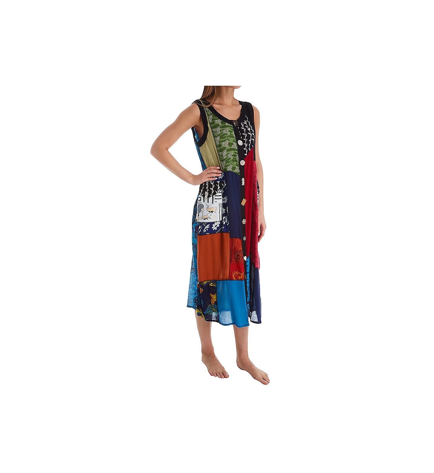 LA CERA Women's Button Front Patchwork Rayon Lounge Dress 2746 - Comfortable Casual Summer Dress for Beach, Vacation & Everyday Wear