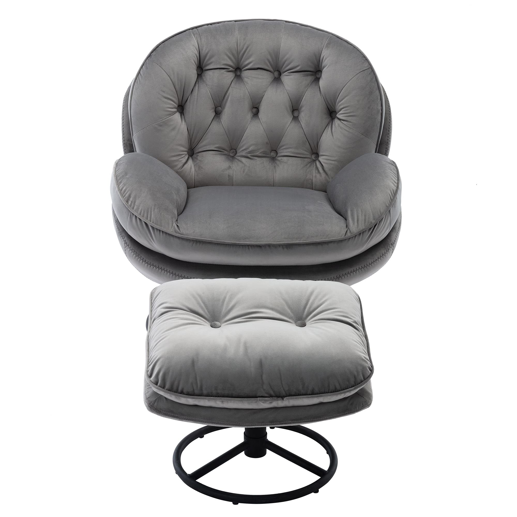 Velvet Swivel Accent Chair with Ottoman Set - 360 Degree Rotating Modern Lounge Chair with Footrest, Comfortable Armchair for Living Room, Bedroom & Office - Soft Gray Upholstered Leisure Sofa for Relaxing & Reading