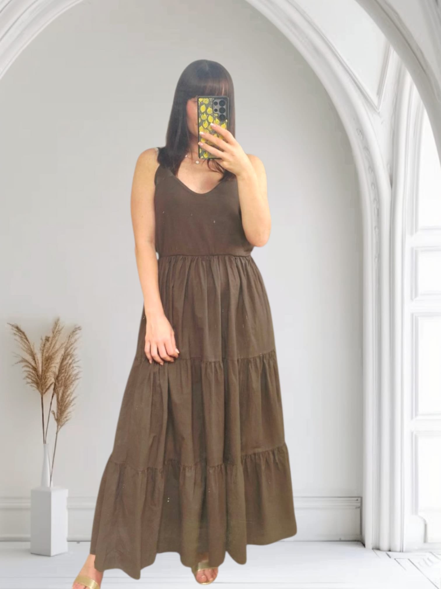 Dominique Tiered Flowy Midi Dress in Chocolate Brown - Elegant & Comfortable for Weddings, Parties & Date Nights