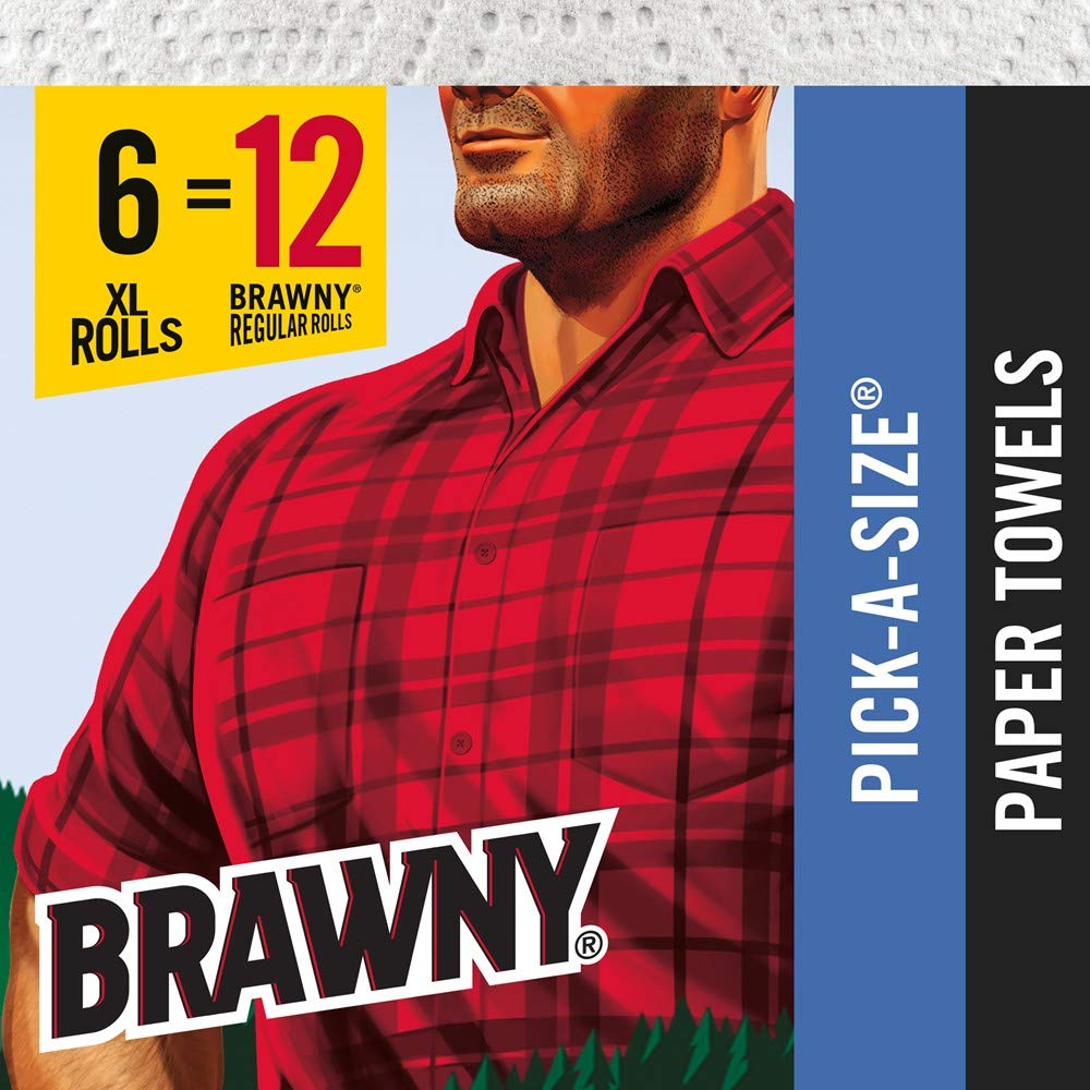 Brawny Paper Towels, 6 XL Rolls | Pick-A-Size | White | 6 Rolls = 12 Regular Rolls | Ultra Absorbent for Kitchen, Bathroom & Cleaning Messes