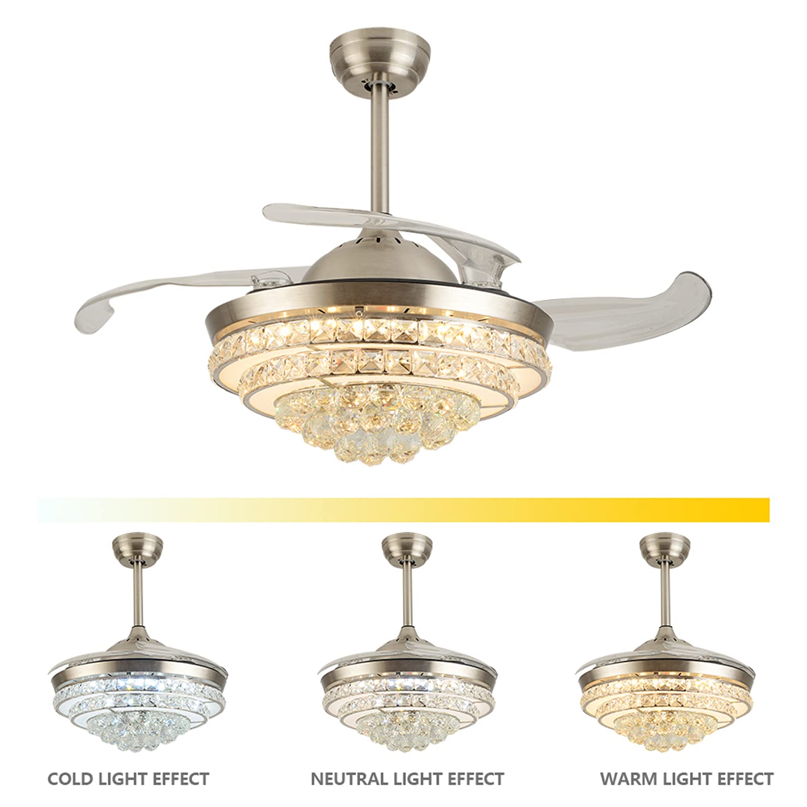 42 Inch Retractable Crystal Ceiling Fan with Remote Control - 3 Speed LED Chandelier Fan, Ultra Quiet Modern Invisible Ceiling Fan Light for Living Room, Dining Room, Bedroom - Silver | Perfect for Home Cooling & Stylish Lighting