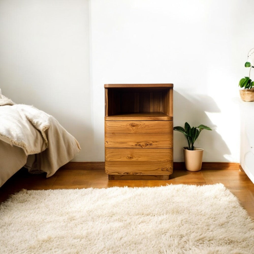 Modern Teak Wood Bedside Table - Nightstand with Storage Shelf for Bedroom, Living Room & Office - Natural Wood Finish, Compact & Stylish Design