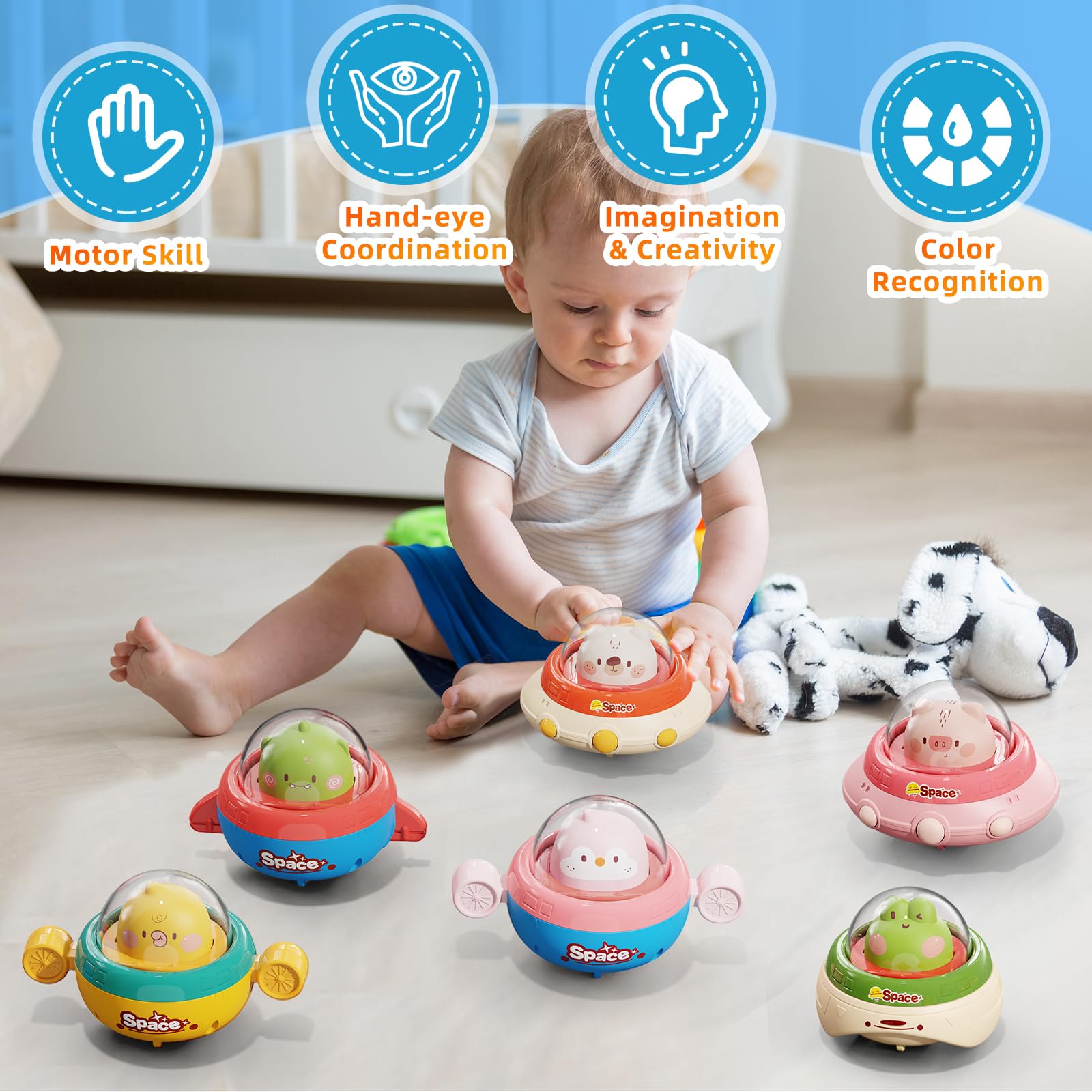 6PCS Animal Car Toys with Playmat - Space Theme Gift for 1 Year Old | Birthday & Christmas Present for Babies 12-18 Months