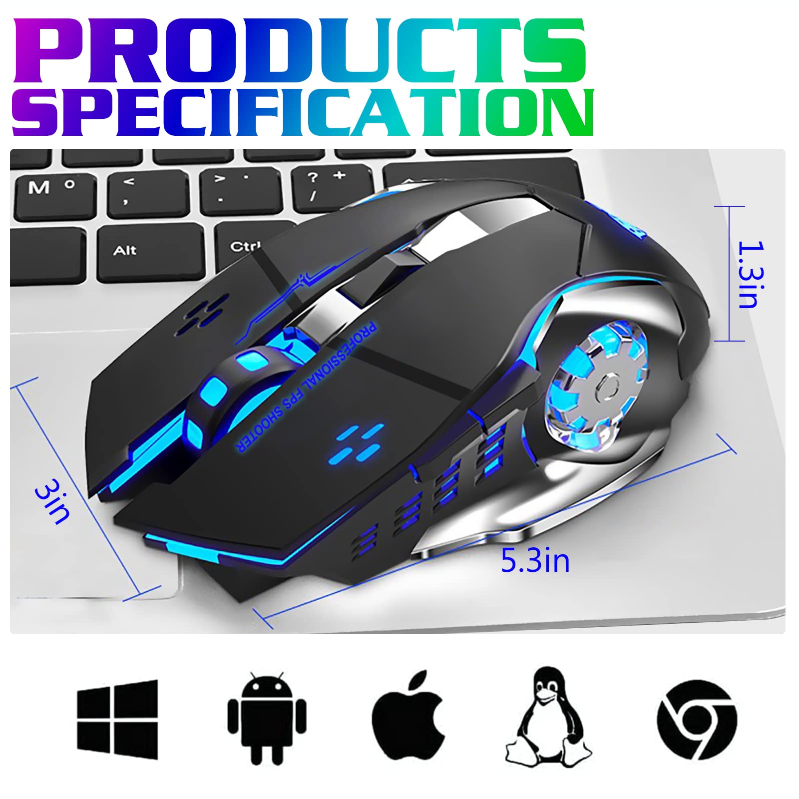 UrbanX Rechargeable Wireless Bluetooth Mouse - Tri-Mode (BT 5.0/4.0+2.4Ghz) Multi-Device Connectivity, 3 Adjustable DPI, Ergonomic Silent Optical Mouse for ASUS Gaming Laptops & PC (Blue Black) - Perfect for Office Work, Gaming, and Travel Use