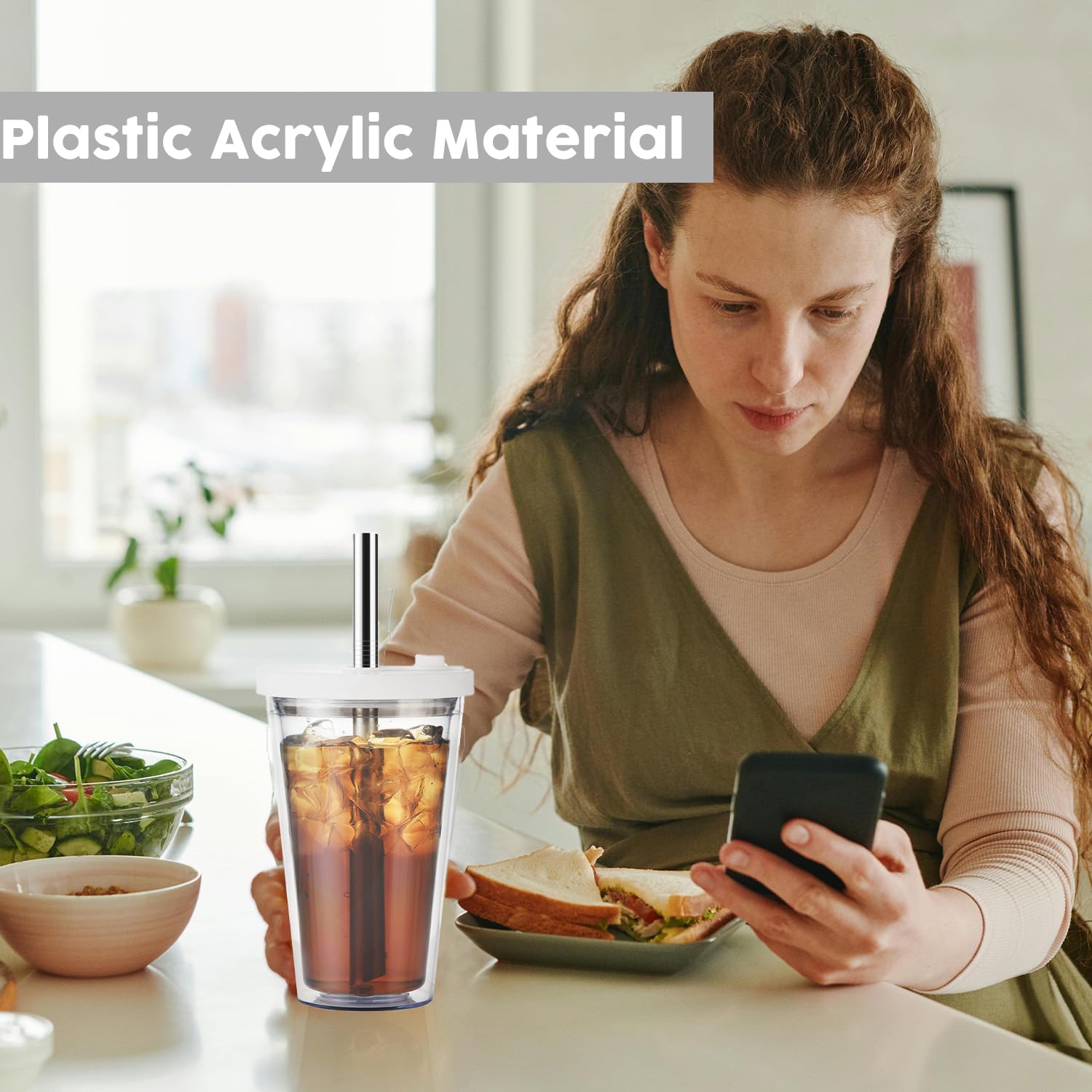 ALINK 450ml Clear Bubble Tea Cup with Lid & Straw - Leakproof Double Wall Insulated Plastic Tumbler for Smoothies, Iced Coffee & Boba Drinks - Perfect for Home, Office & Takeout