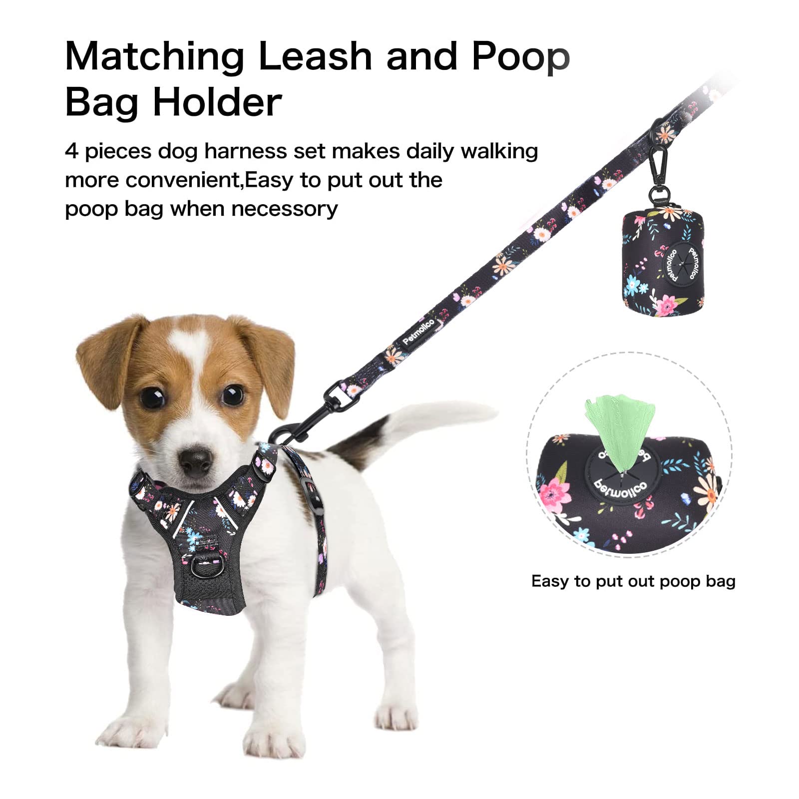 Petmolico No Pull Dog Harness Set with Leash - Reflective Adjustable Vest for Small Dogs & Puppies, Easy Control Handle & Poop Bag Holder - Floral Design for Safe Walks & Outdoor Adventures