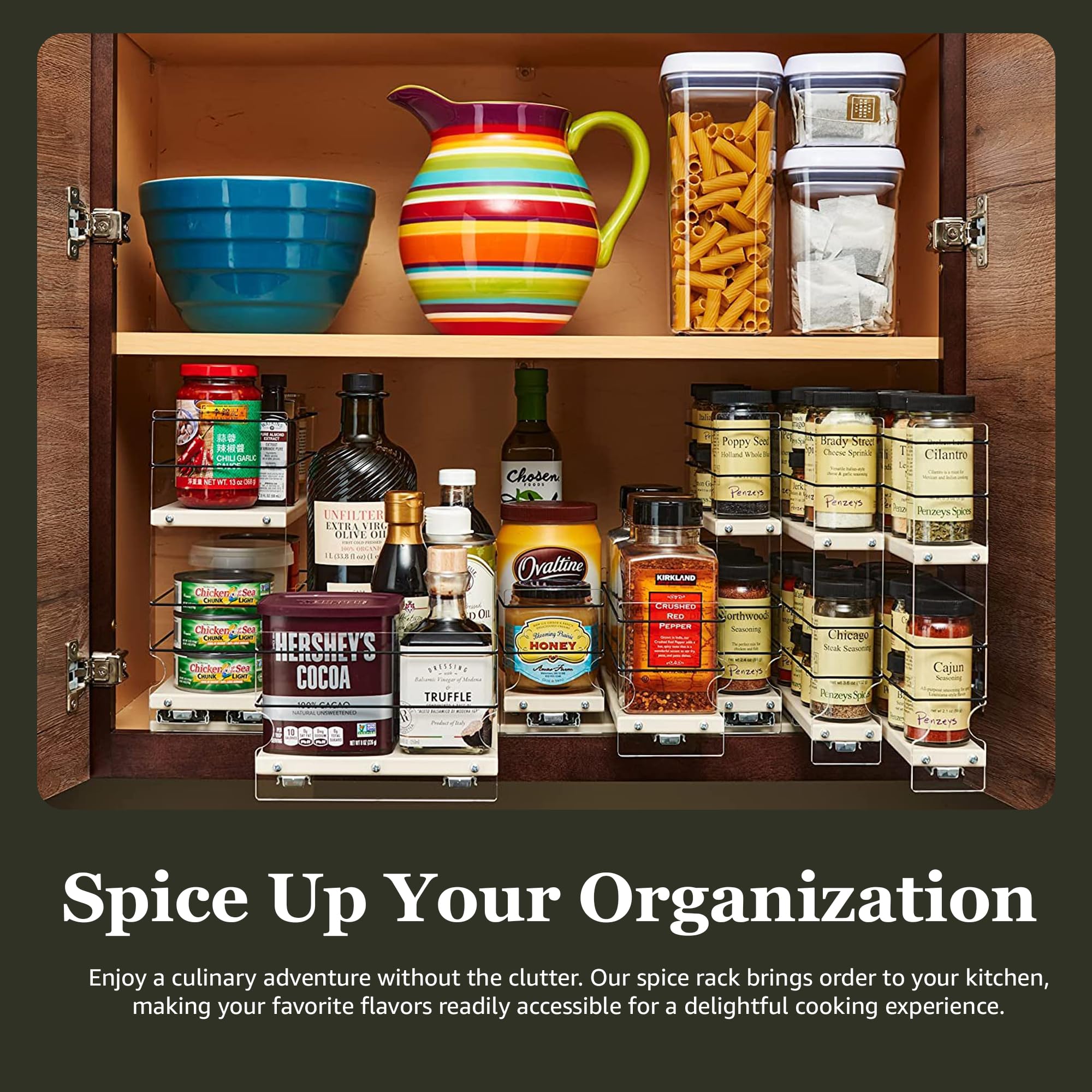 3-in-1 Sliding Spice Rack Organizer for Kitchen Cabinets - Vertical Pull Out Spice Storage with Adjustable Shelves - Made in USA - Perfect for Pantry Organization & Small Space Saving Solution