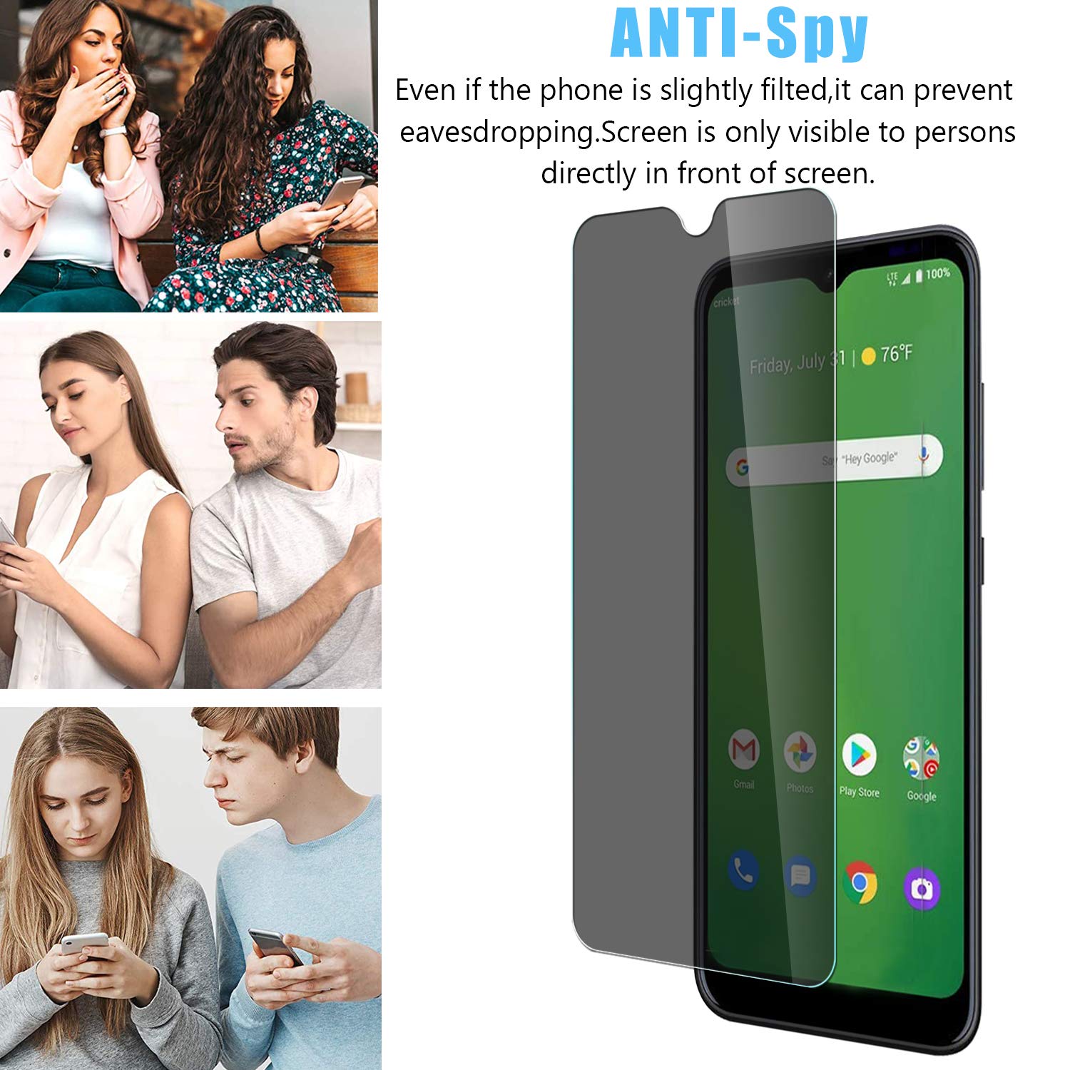 Anbzsign [2 Pack] Cricket Ovation/AT&T Radiant Max Privacy Screen Protector - Anti-Spy 9H Hardness Tempered Glass Shield for Enhanced Security - Perfect for Office, Banking & Personal Privacy Protection