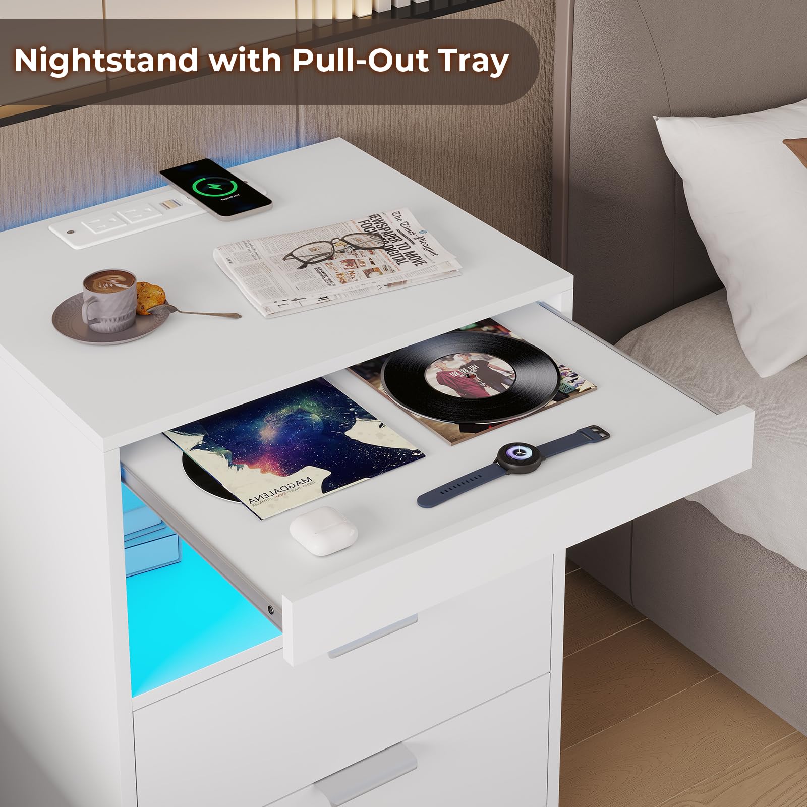 ADORNEVE Modern LED Nightstand with Wireless Charging - White Wooden Bedside Table with 2 Drawers & Pull-Out Shelf, USB Ports & Touch Control Lights - Perfect for Bedroom, Living Room & Small Spaces