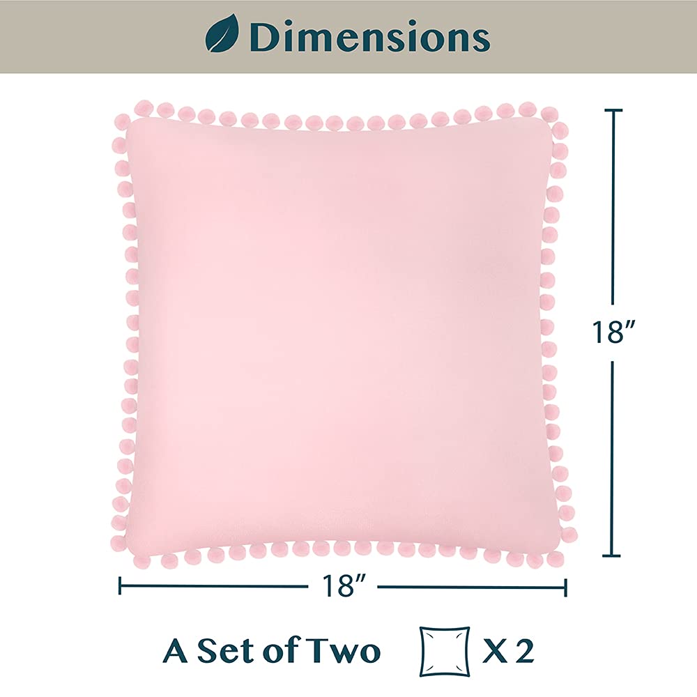 PAVILIA 18x18 Inch Light Pink Velvet Throw Pillow Covers with Pom Pom Trim - Set of 2 Decorative Cushion Covers for Sofa, Bed, Couch - Soft Plush Euro Square Pillow Cases for Living Room & Bedroom Aesthetic Decor