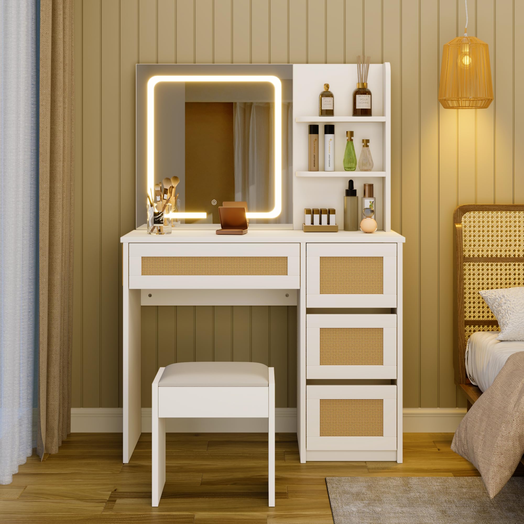 GAOMON White Rattan Makeup Vanity Desk with Mirror & LED Lights - 4 Drawers & 3-Tier Open Shelves for Storage - Boho Style Vanity Table for Bedroom, Dressing Room & Beauty Salon - Perfect for Makeup Organization & Home Decor