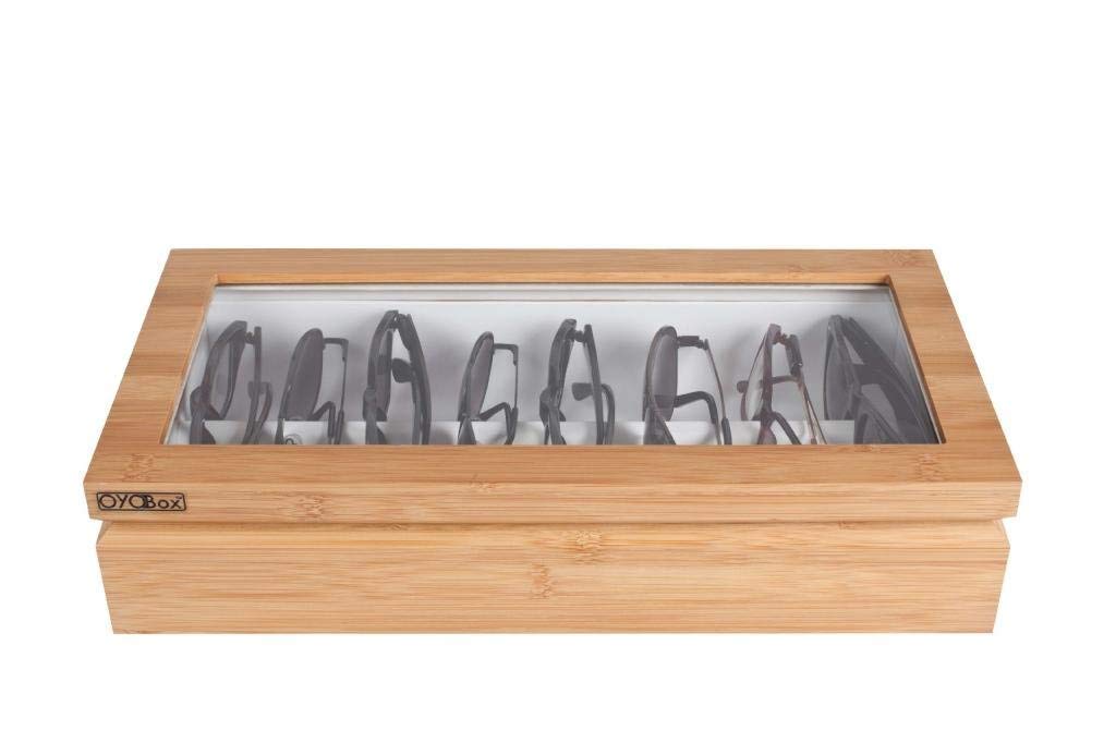 Premium Bamboo Wood Eyeglass & Sunglasses Organizer with Tech Tray - Luxury Lacquered Wood Storage Box for Glasses, Smartphones & Watches | Perfect for Home, Office & Travel Organization